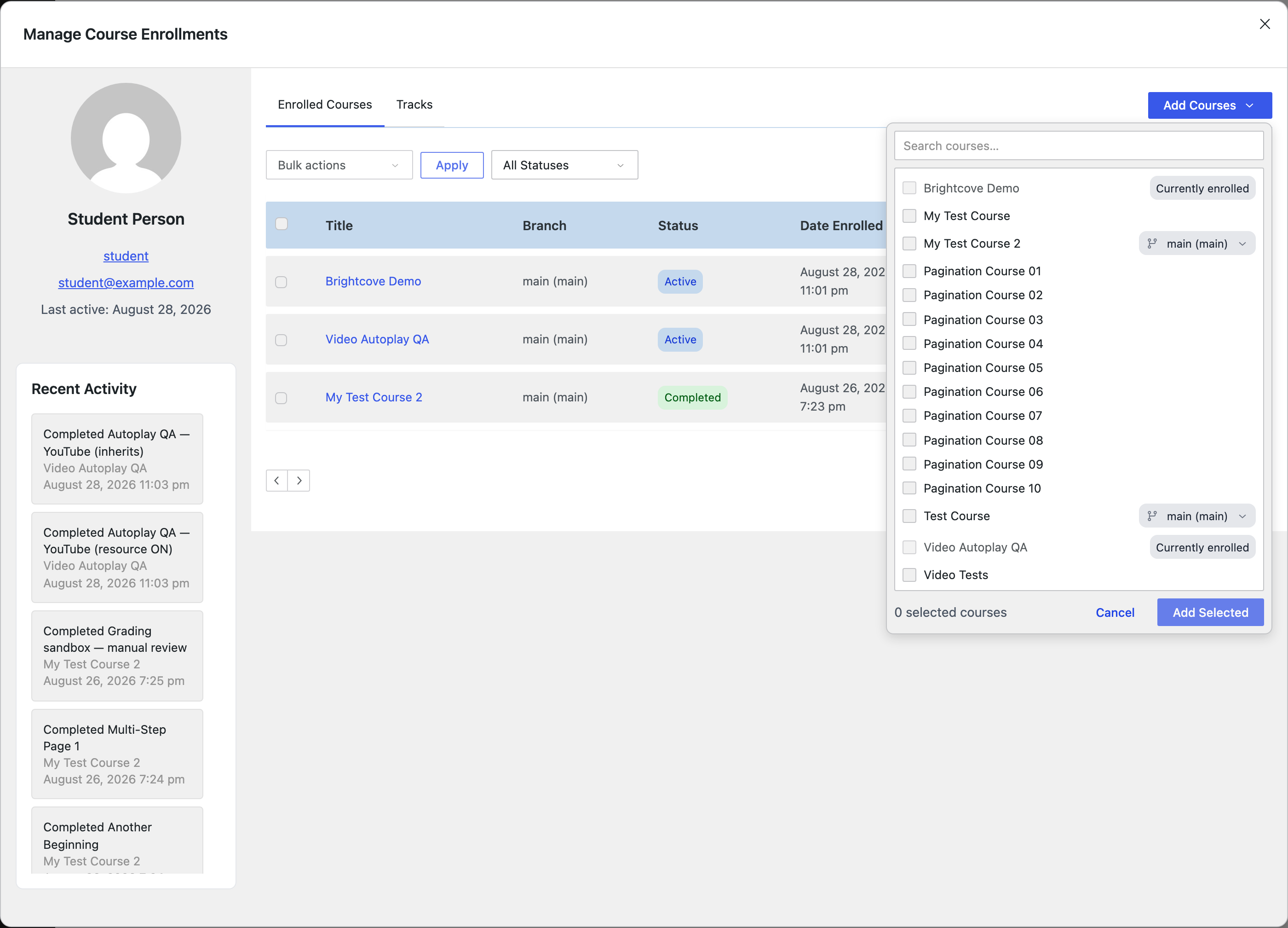 The Add Courses picker, listing every course with checkboxes and a branch selector