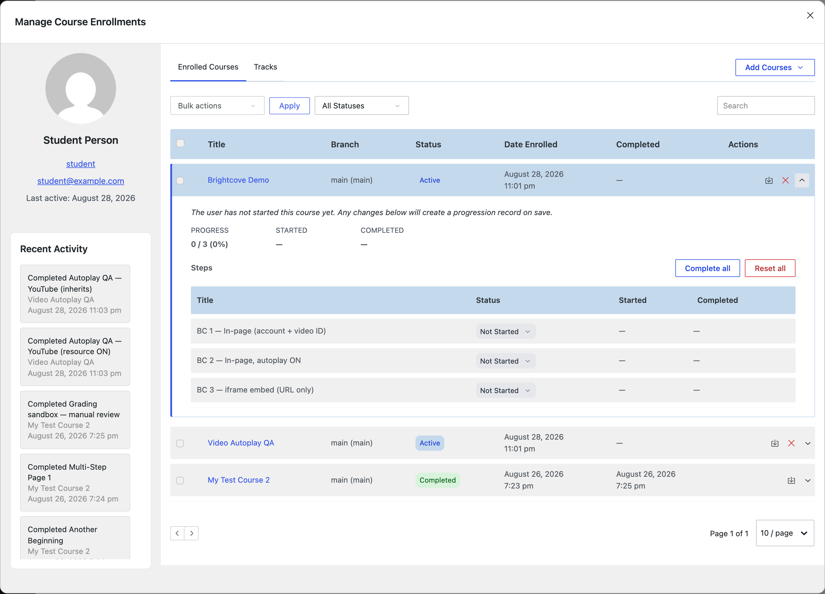 An expanded enrollment showing overall progress and a per-step status table with Complete all and Reset all