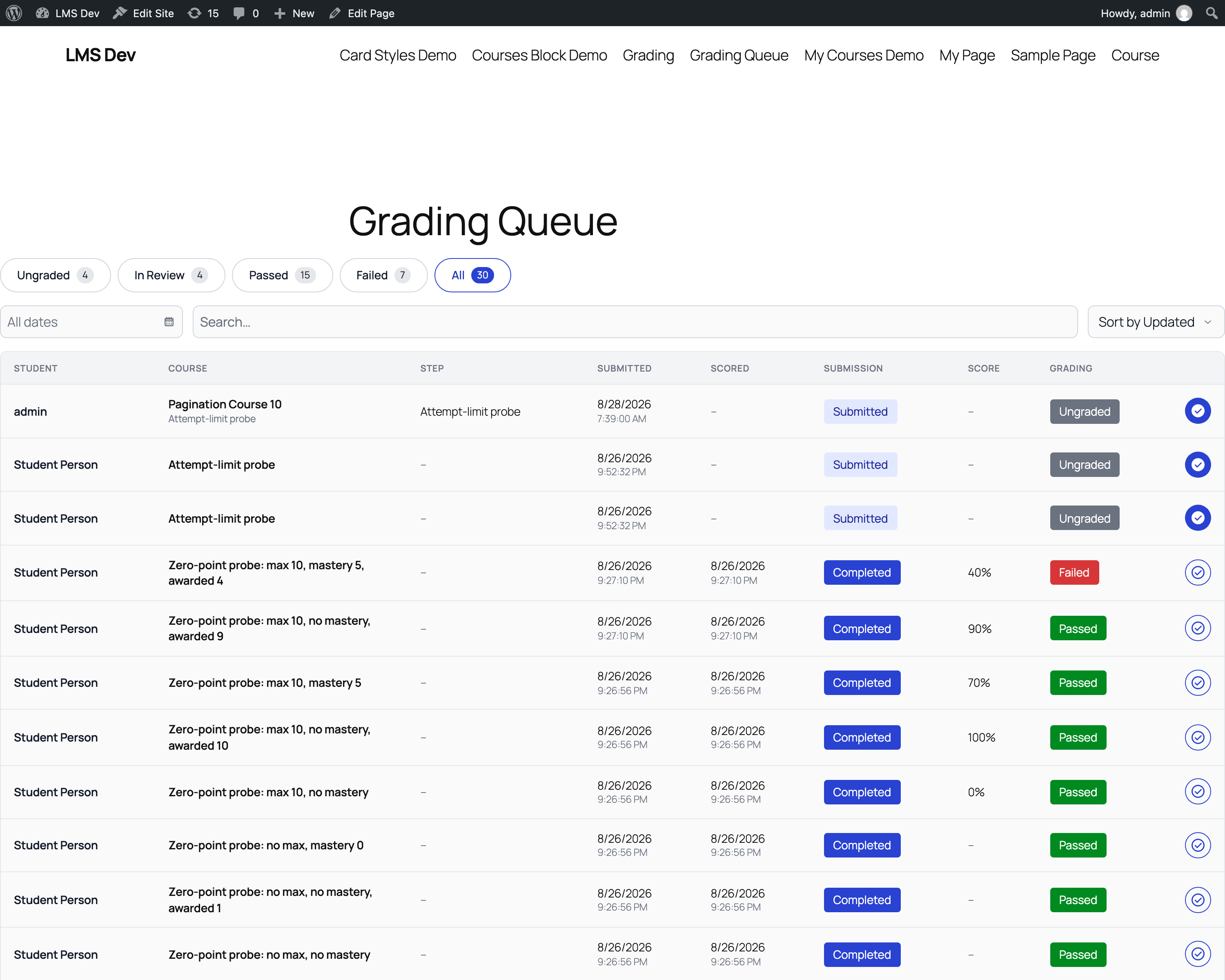 The grading queue, with filter pills, search and date controls, and a table of attempts