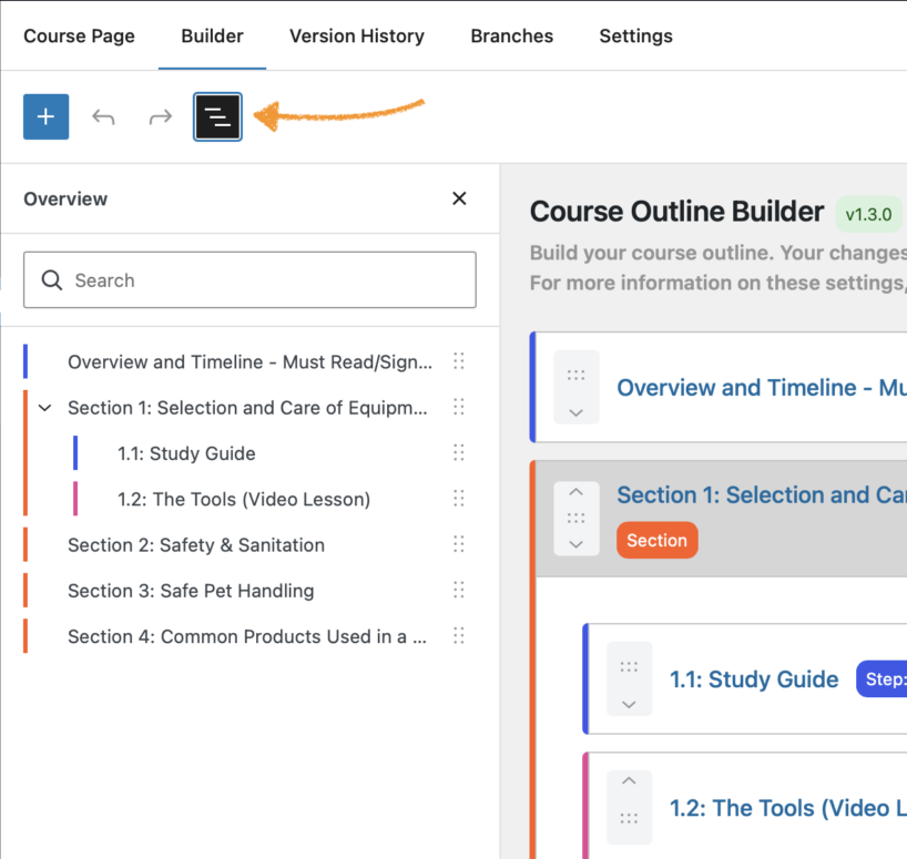 The overview panel showing a condensed course structure