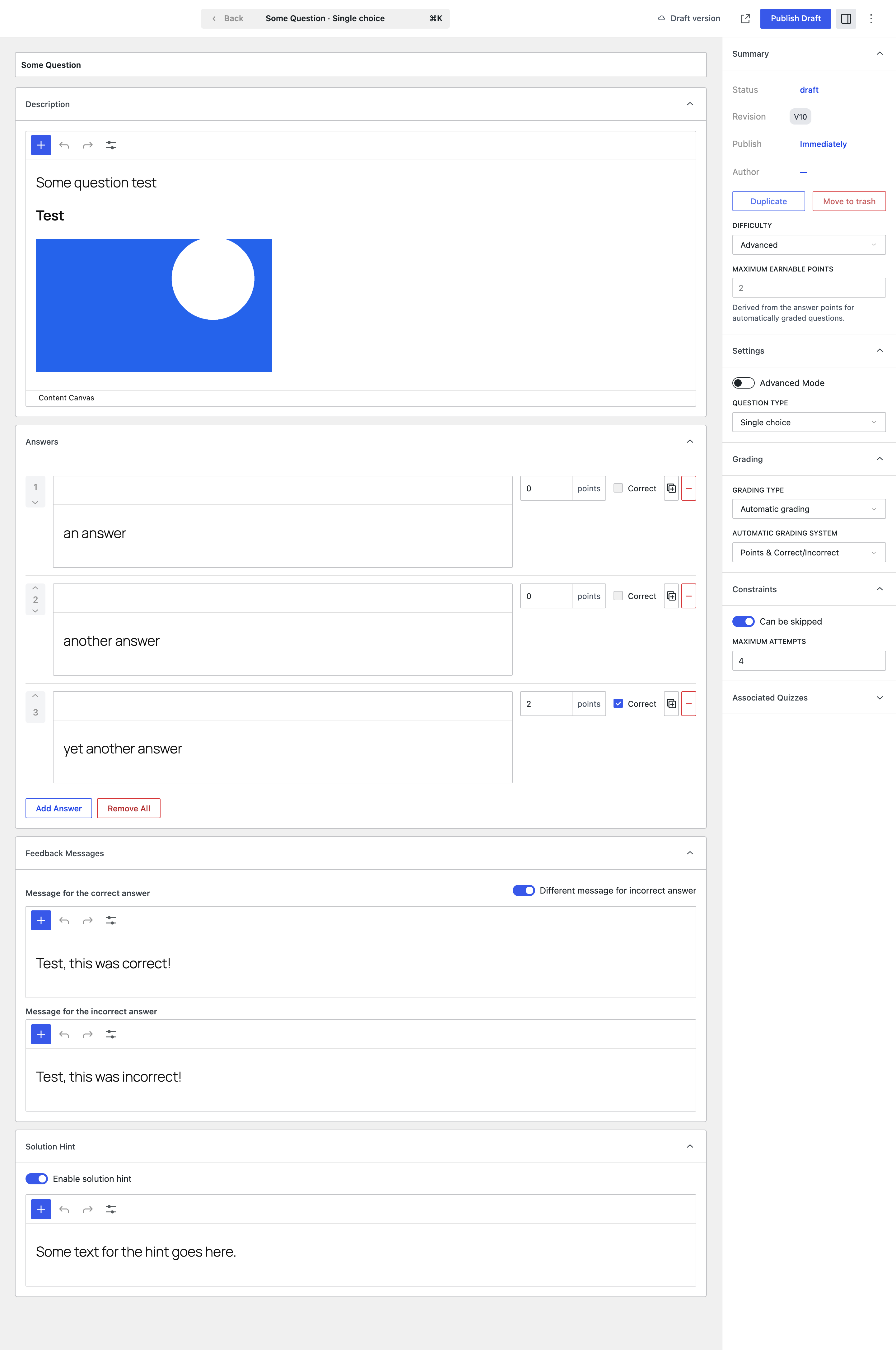 The question editor, with the description, answers, feedback and hint panels down the middle and the settings sidebar on the right
