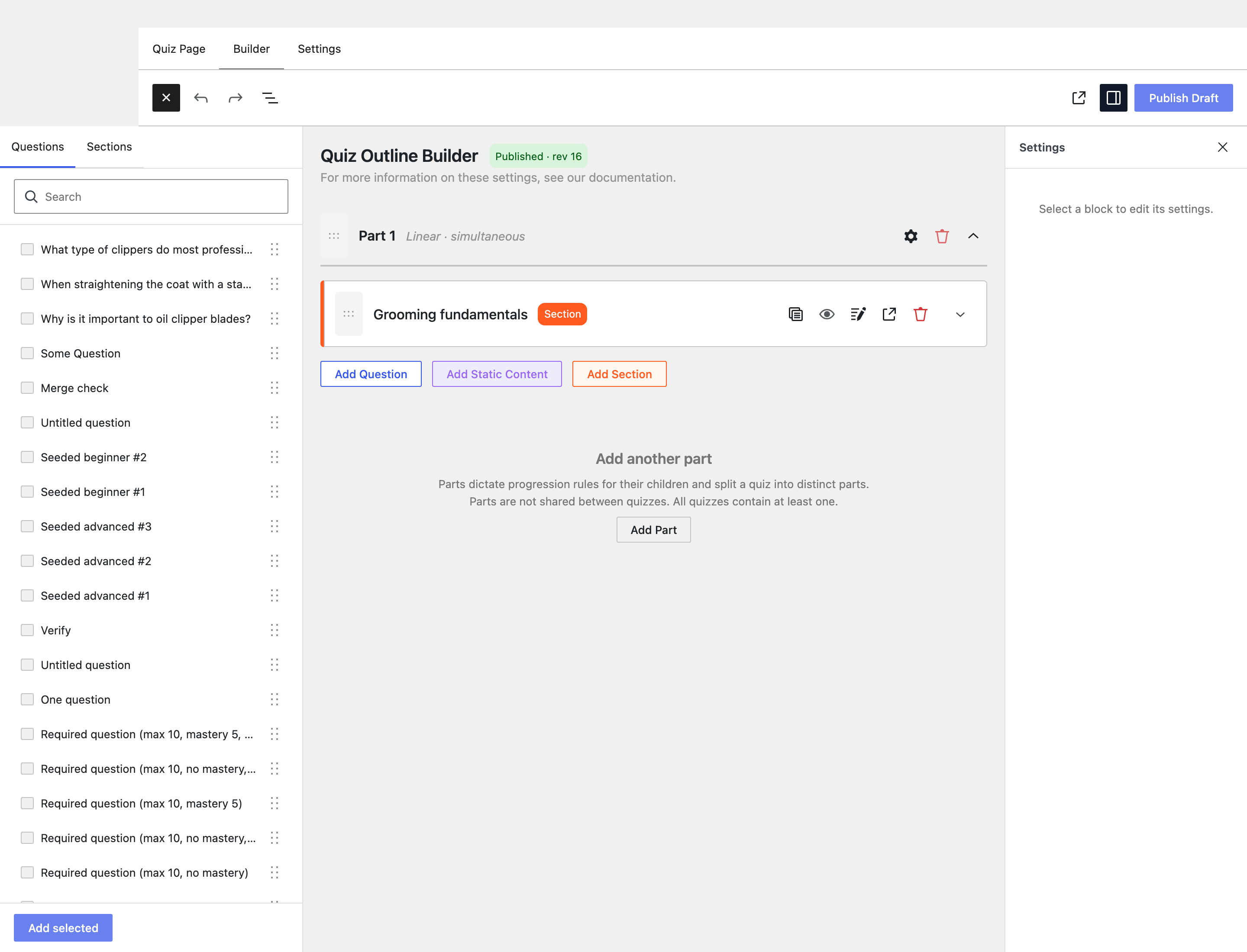 The Quiz Outline Builder, with the question pool on the left, Part 1 in the canvas, and the settings panel on the right