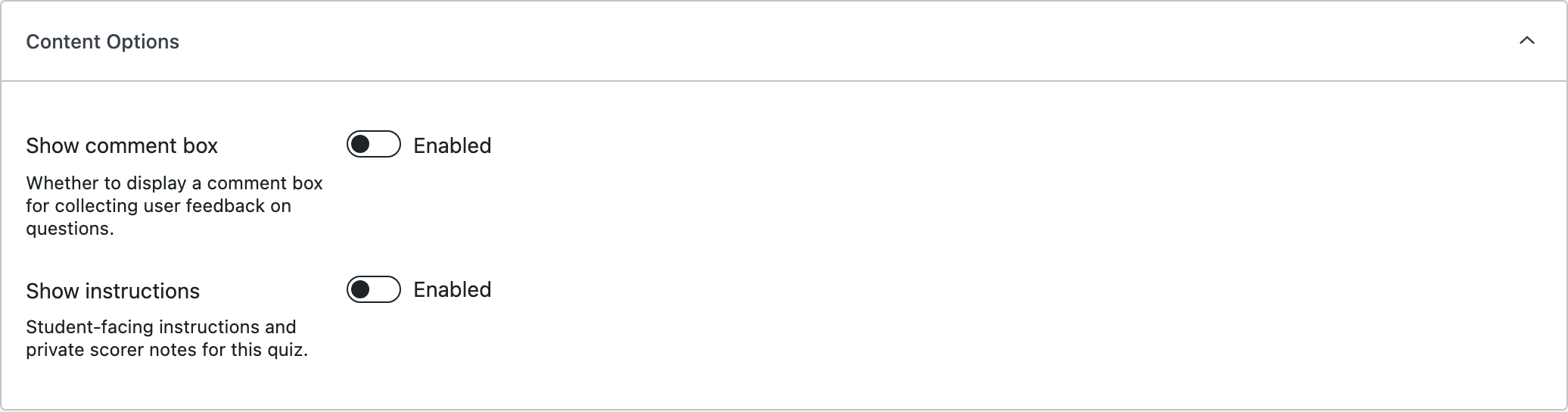 The Content Options section with the comment box and instructions toggles