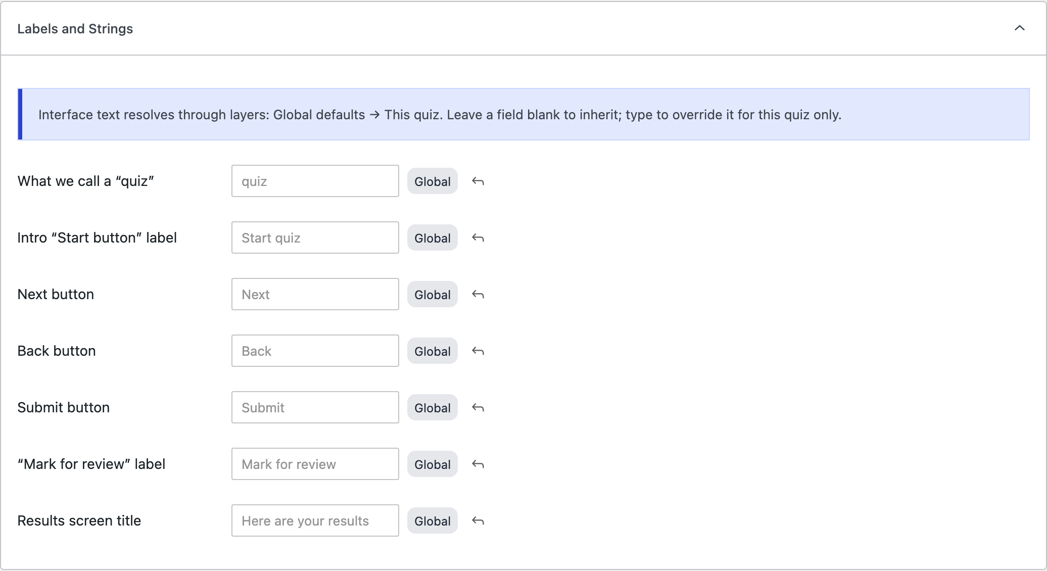 The Labels and Strings section, with each field showing a Global badge and a revert control