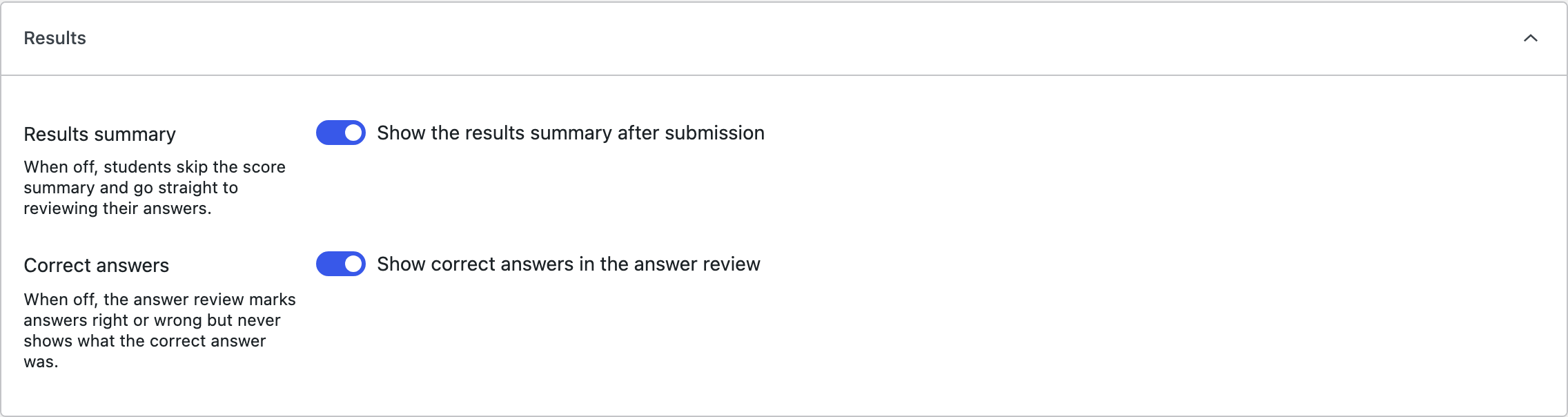 The Results section with the results summary and correct answers switches