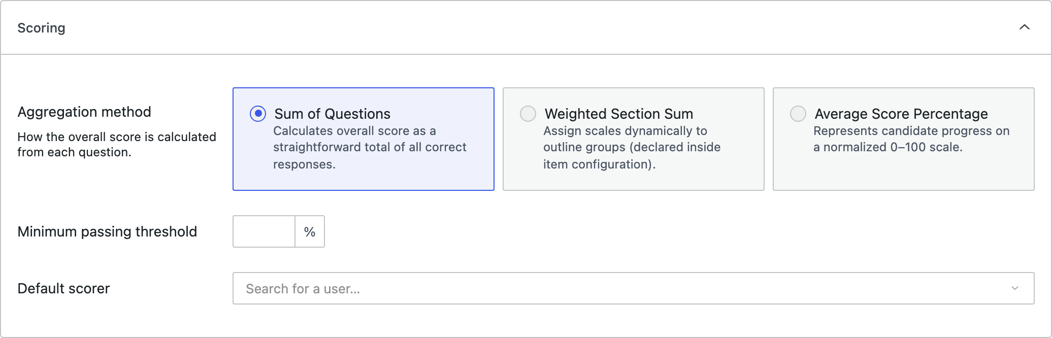 The Scoring section of a quiz's settings, with aggregation method, passing threshold, and default scorer