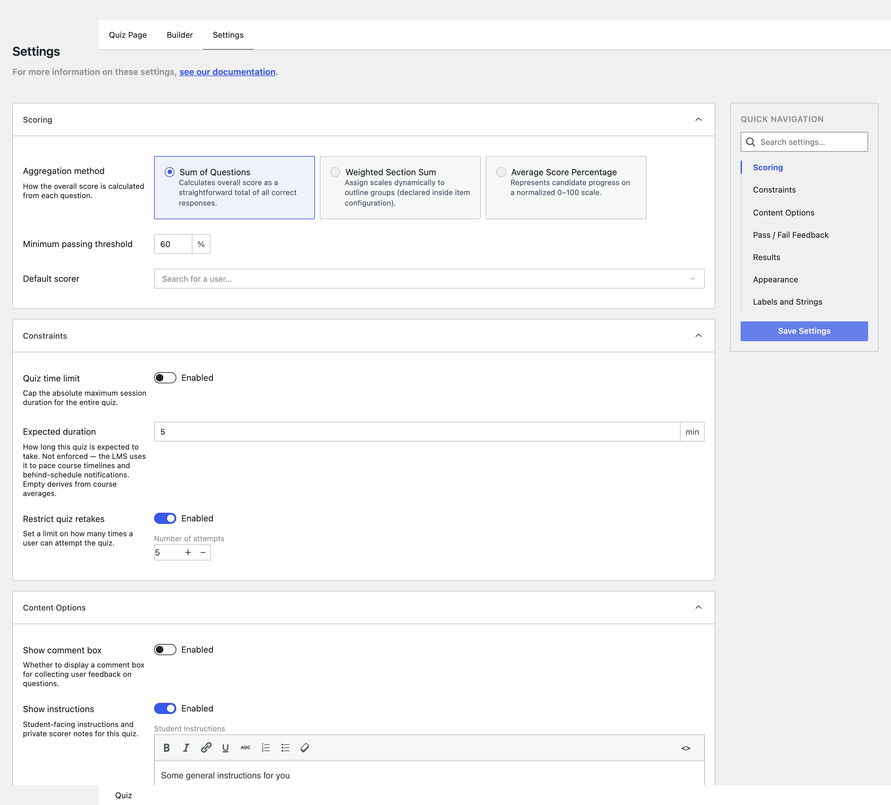 The quiz Settings tab, showing the Scoring and Constraints sections with the Quick Navigation sidebar