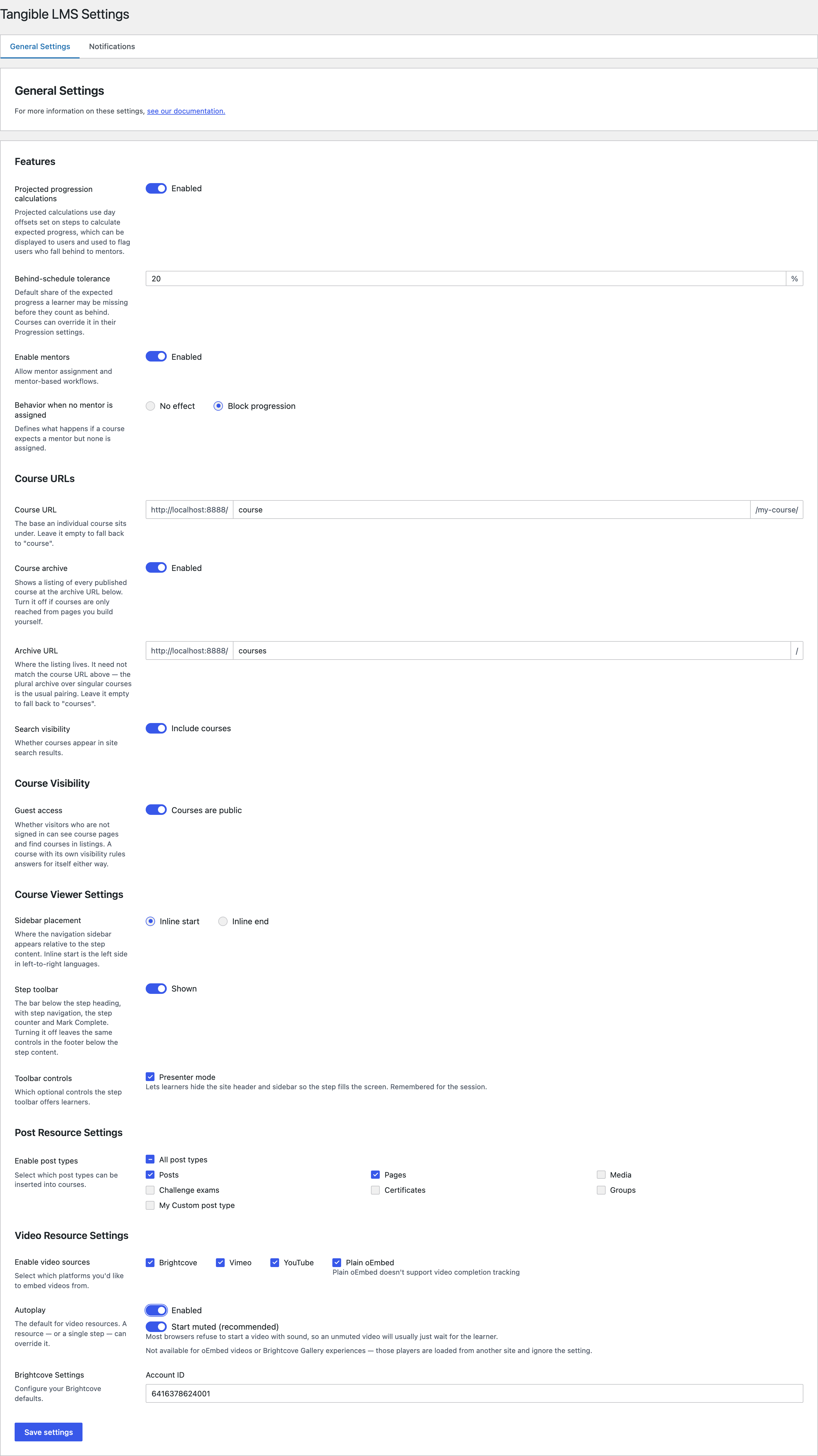 The General Settings tab of the Tangible LMS settings page