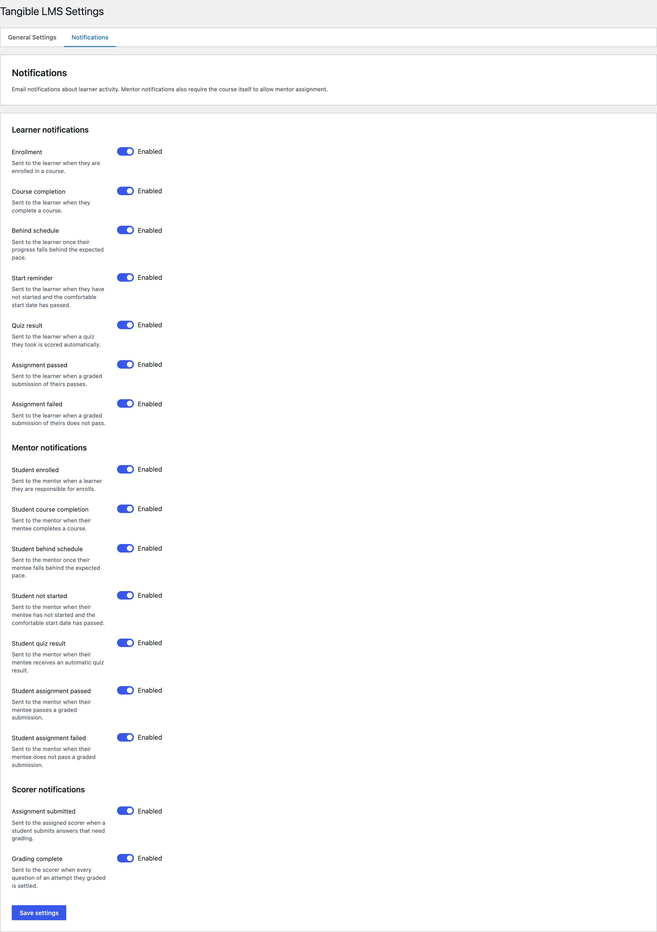 The Notifications tab, listing learner and mentor email notifications