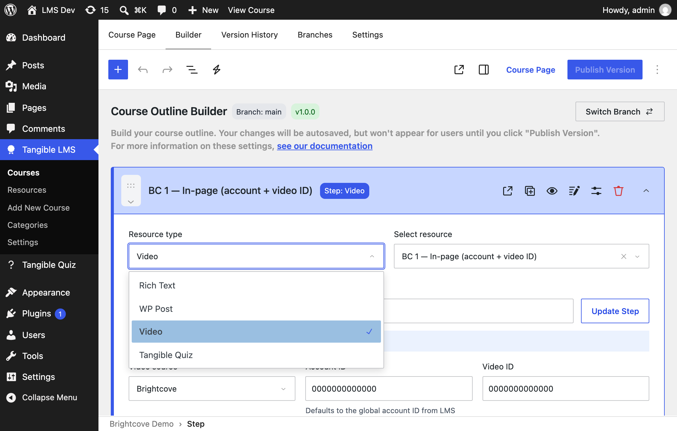 The Resource Type selector on a step